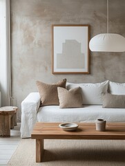 Wall Mural - Minimalist Living Room With Neutral Tones And Linen Sofa