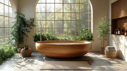 Wall Mural - Serene Wooden Bathtub in a Luxurious Spa-Like Bathroom