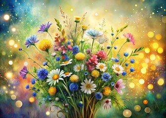 Poster - Hand Drawn Watercolor Bouquet of Meadow Flowers with Bokeh Effect - A Serene and Artistic Floral Illustration for Home Decor and Nature Enthusiasts