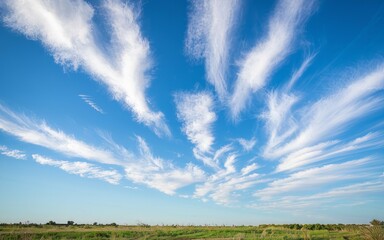 Wall Mural - Blue sky cirrus cloudscape. Serene landscape photo; wispy cirrus clouds paint a breathtaking canvas across a vibrant blue sky.  Peaceful nature scene.