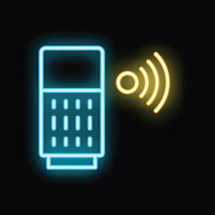 Poster - Vibrant neon icon depicting a mobile phone with emanating radio waves, symbolizing wireless communication technology