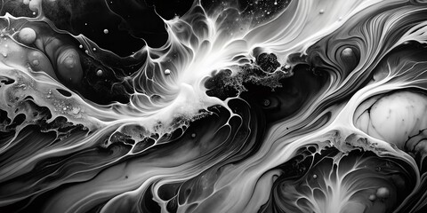 Poster - High-Quality Abstract Black and White Animation with Alcohol Ink in Low Light Photography, Capturing Fluid Patterns and Textures in Stunning 4K Resolution for Artistic Exploration