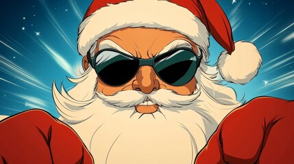 Wall Mural - Cool Santa Claus with sunglasses, a serious expression, and red gloves, set against a dynamic blue background with light streaks.