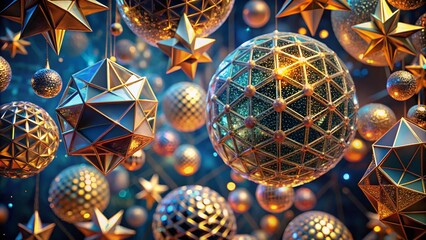 Poster - Intricate Grids of Stars, Pentagons, Balls, and Triangles on a Clear Background for Creative Design Inspiration and Modern Art Projects in High Depth of Field