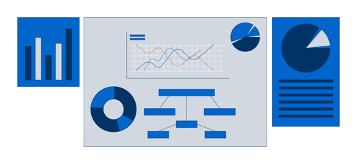 Poster - Corporate charts posters 2D cartoon objects set. Analysis diagrams. Analytical graphs presentation pages isolated elements flat vector cliparts on white background. Spot illustrations collection