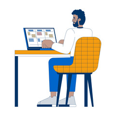  - Business casual black man typing laptop with data table 2D cartoon character. African american employee working notebook isolated person flat vector on white background. Spot illustration colorful