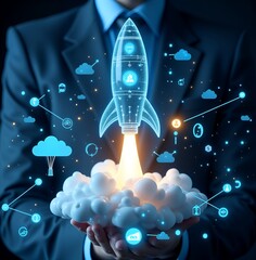 Poster - Businessman Strategizing for Rocket Launch Investment: Aiming for Growth, Leadership, and Targeted Development in Corporate Startups
