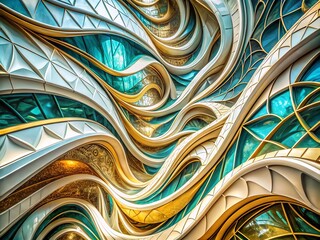 Poster - Liquid Silk Swirling Abstract Patterns in White, Gold, and Teal Creating an Elegant Flowing Fabric Effect with Intricate Textures and Captivating Visual Depth
