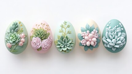 Poster - Beautifully decorated eggs featuring intricate succulent designs in pastel colors, showcasing artistic creativity and floral themes.