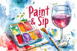 © julijadmi - Paint and sip concept with watercolor palette brush and red wine glass on a vibrant splattered background.