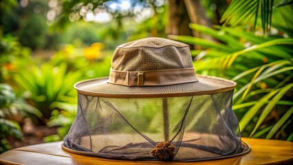 Macro Photography of a Hat with Mosquito Netting, Showcasing Detailed Textures and Natural Elements in an Outdoor Setting, Ideal for Insect Protection and Camping Gear Imagery