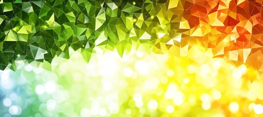 Poster - Abstract Green, Yellow, Orange Polygonal Mosaic With Bokeh Lights And Blurred Particles Background