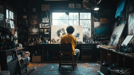 Aufkleber - Artist in a Well-Equipped Studio Pausing During Work