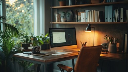 Poster - Modern Home Office Desk with Computer, Plants, and Desk Lamp