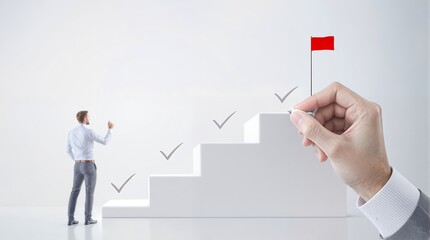 Poster - An Illustrative Representation of Business Success: A Businessman Progressing Towards Goal Achievement on a Virtual Staircase with Checkmarks and a Success Marker