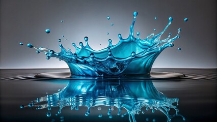 Poster - Mesmerizing Panoramic Capture of Blue Liquid Splashing on Water Against a Subtle Grey Background, Emphasizing Fluid Dynamics with Vibrant Colors and Textures.