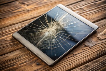 Poster - Minimalist Aesthetic of a Broken Screen on a Wooden Surface with Soft Natural Light Capturing the Beauty of Imperfection in a Simple Composition