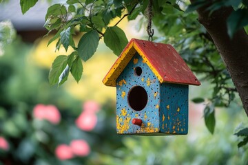 Colorful Birdhouse Hanging on Tree Branch in Garden