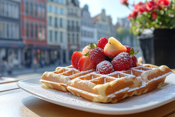 Wall Mural - A plate of classic belgian waffles topped with fresh fruit, with the iconic architecture of brussels in the background.