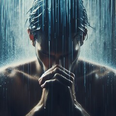 Poster - Rainfall Rain falling around a person indicating sadness or clea