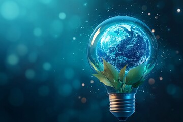 Poster - A minimalist illustration of a light bulb containing a globe and tree, symbolizing eco-energy and the future of green technology