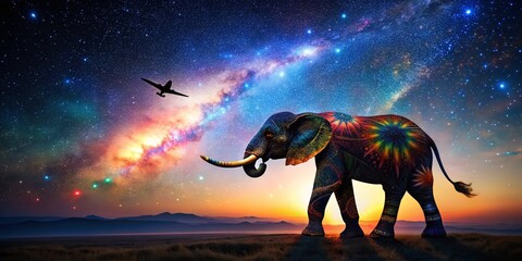 Poster - Night Photography of a Silhouette Elephant with Abstract Colorful Patterns and a Plane as Line Drawing, Capturing a Unique Blend of Art and Nature in the Night Sky