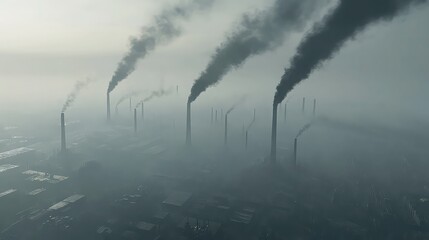 Wall Mural - A major industrial area covered in thick smog, with factory smokestacks releasing dark plumes into the already polluted air. 