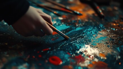 Poster - Hand Holding a Paintbrush Mixing Blue Paint on a Palette
