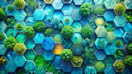 Fototapete - Panoramic Abstract Background Featuring Hexagonal Shapes in Vivid Shades of Blue and Green, Perfect for Modern Designs and Creative Projects