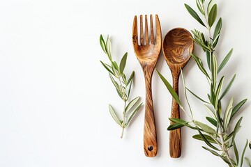 Poster - An olive tree branch a rustic wooden fork and spoon and a studio-clean white background are shown in close-up and top views with space, Generative AI.
