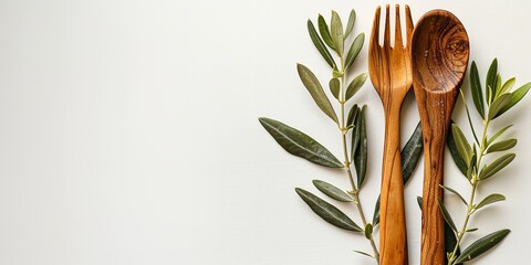 Poster - An olive tree branch a rustic wooden fork and spoon and a studio-clean white background are shown in close-up and top views with space, Generative AI.
