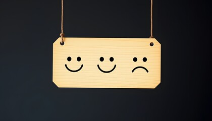 Aufkleber - Wooden Label Featuring Happy, Normal, and Sad Face Icons: A Visual Representation for Experience Surveys and Product Reviews to Gauge Customer Satisfaction