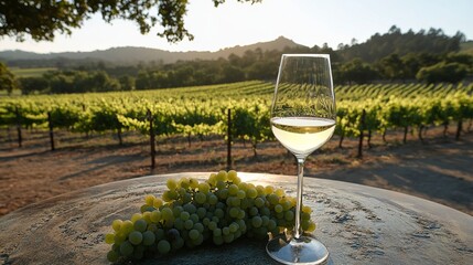 A glass of white wine sits on a rustic table with a bunch of green grapes, backdropped by a vineyard stretching into the distance, basking under the sun in a picturesque setting.