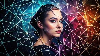 Poster - Polygonal Marble Triangles Background in Geometric Mosaic Style with Black Gradient and Abstract Cyber Ornament for Modern Design Projects and Art Displays