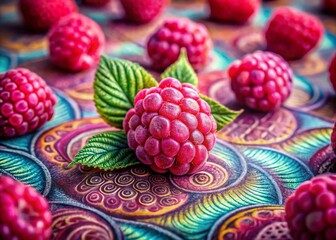 Poster - Raspberry Block Print Style Illustration with Tilt-Shift Photography Effect Showcasing Vibrant Colors and Textures for Unique Visual Appeal in Print Design and Home Decor