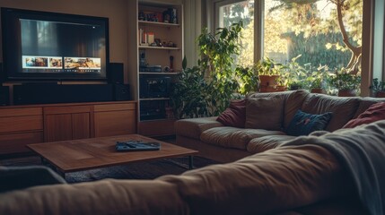 Aufkleber - Cozy Living Room with Large Couch, TV, and Natural Light