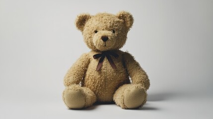 A soft, plush teddy bear with a bow, symbolizing comfort and childhood nostalgia.