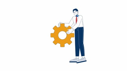 Poster - Positive asian man rotating toothed wheel 2D character animation. Corporate workflow setup cartoon 4K video, alpha channel. Korean male with machine part animated person on white background