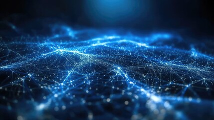 Poster - Abstract Digital Surface with Glowing Blue Particles and Network Connections, Creating a Futuristic Background for Technology and Innovation Themes