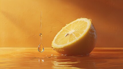 Poster - Fresh Lemon Half with Water Droplet Against a Vibrant Orange Background Perfect for Cooking, Wellness, and Refreshing Beverages Inspiration