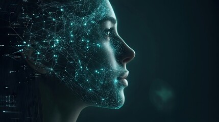 Poster - Profile of a Young Woman Merging with Digital Technology and Network Connections, Representing the Future of Artificial Intelligence and Innovation in Science