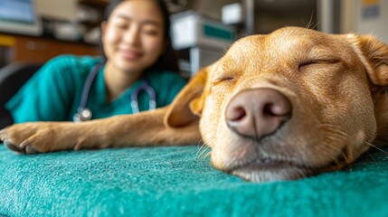 Poster - Calm dog resting on the examination table with a smiling vet in the background creating a comforting image Stock Photo with side copy space