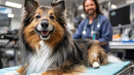 Poster - Calm dog resting on the examination table with a smiling vet in the background creating a comforting image Stock Photo with side copy space