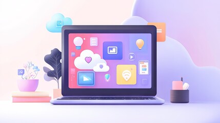 Poster - Modern Workspace Illustration Featuring a Laptop with Colorful App Icons, Cloud Elements, Plants, and Soft Pastel Background in a Creative Environment