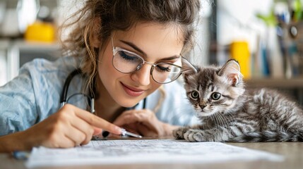 Poster - Veterinarian pointing to a chart while explaining a treatment plan with the pet nearby Stock Photo with side copy space