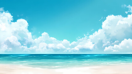 Wall Mural - Tranquil turquoise water beach with clear sky and white clouds for summer vacation travel. Cerulean Sky Dreams. Illustration