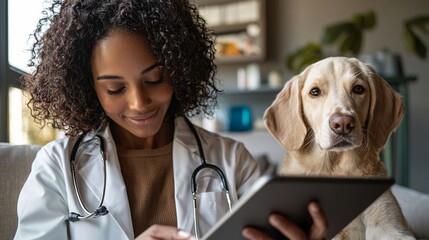 Poster - Veterinarian explaining diagnostic results to a pet owner with a tablet in hand Stock Photo with side copy space