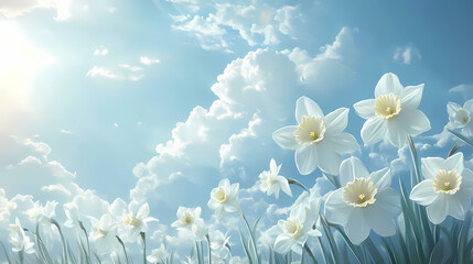 Wall Mural - cerulean dreams white daffodils blue sky soft focus fluffy clouds serene peaceful atmosphere dreamy 