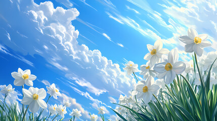 Wall Mural - cerulean dreams white daffodils blue sky soft focus fluffy clouds serene peaceful atmosphere dreamy 