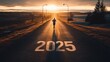 © AiPhotoSale - A runner sprints down a deserted road, with the year 2025 painted on the asphalt. The scene captures a sense of determination against a backdrop of open fields and a vibrant sunset.